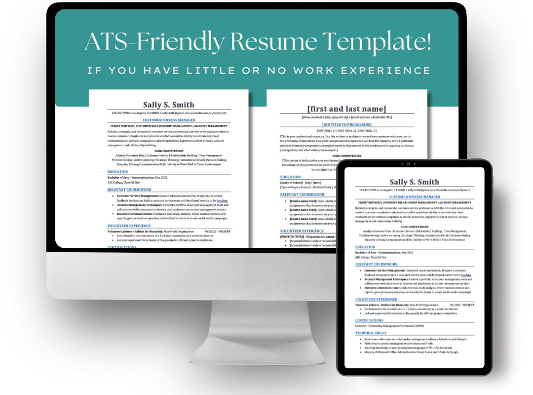 Preview of the free ATS-friendly résumé template and completed example for job seekers with little or no work experience